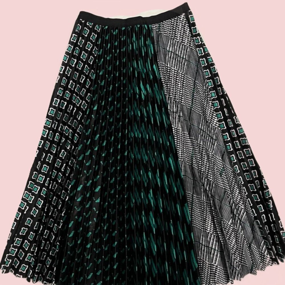 Women's Skirt "Lucy Paris" Black and Green Pleated Midi Length Skirt Size Small